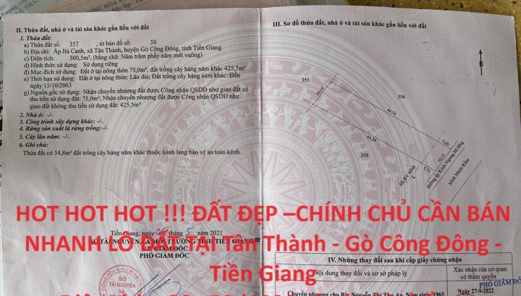 HOT HOT HOT !!! ĐẤT ĐẸP –CHÍNH CHỦ CẦN BÁN NHANH LÔ ĐẤT TẠI Tân Thành - Gò Công Đông - Tiền Giang